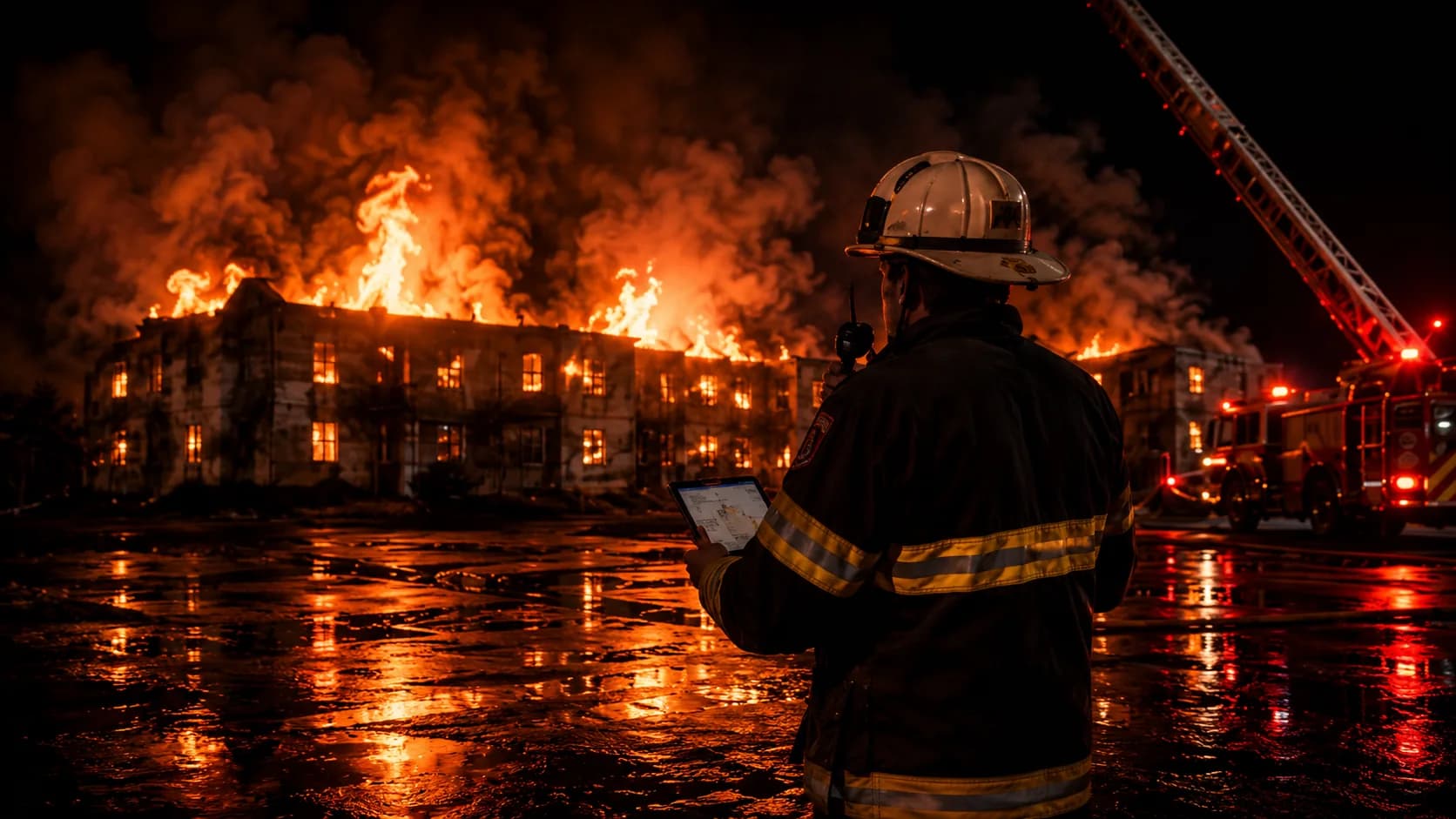 Fire chief commanding a large nighttime structure fire